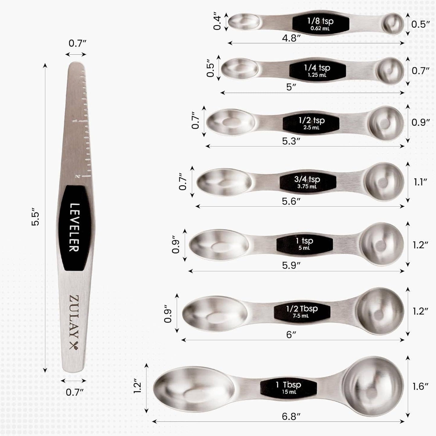 Stackable Magnetic Spoons Set of 8 - Stainless Steel