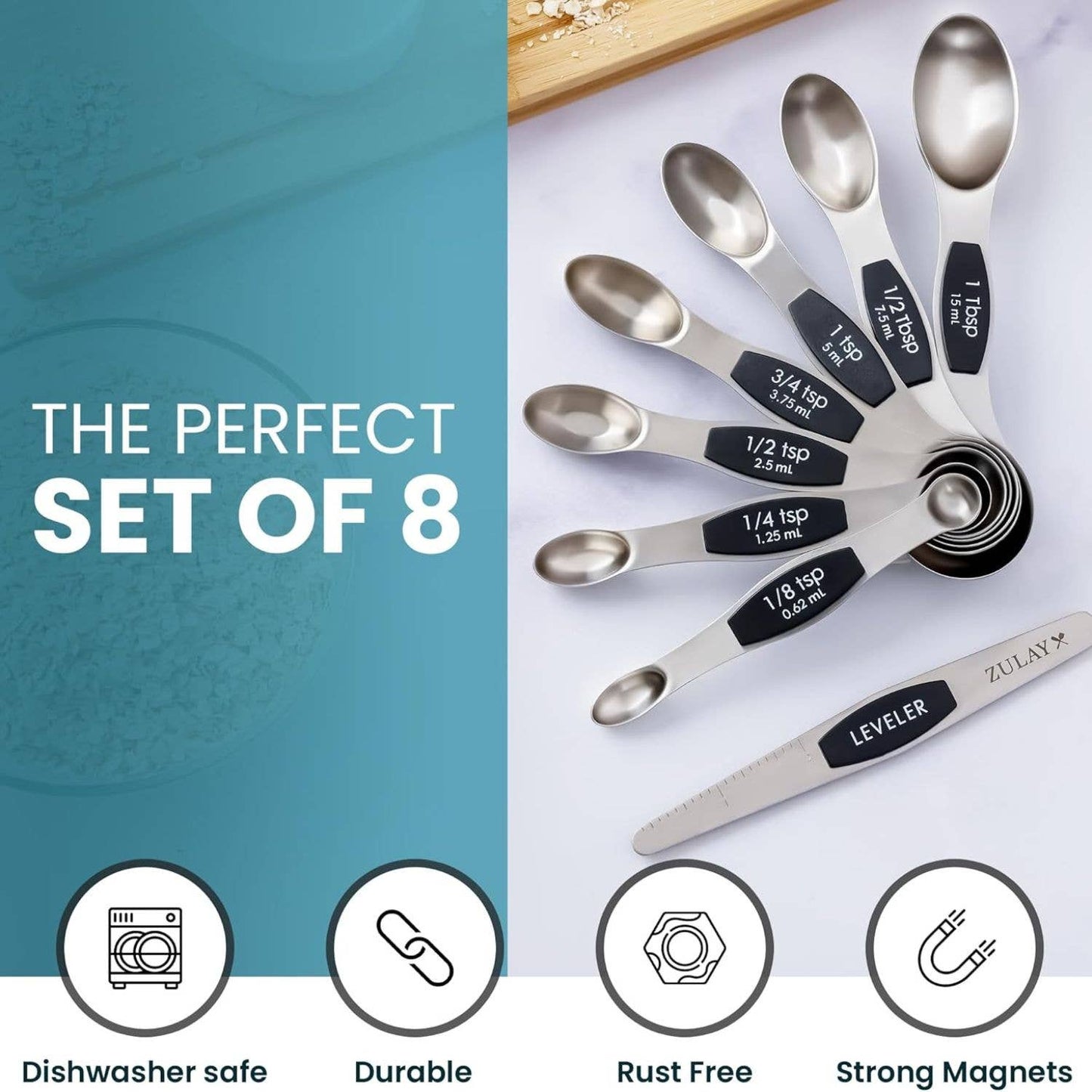 Stackable Magnetic Spoons Set of 8 - Stainless Steel