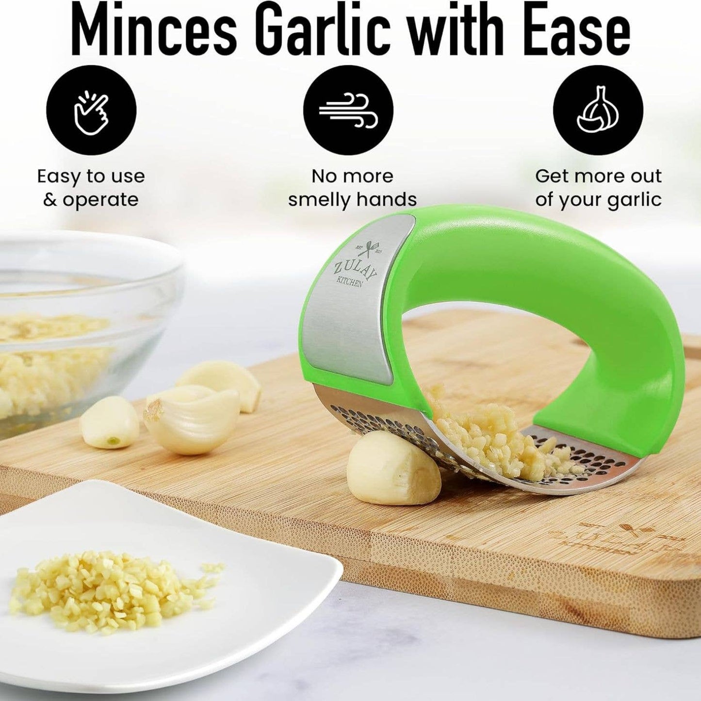 Garlic Press Rocker With Silicone Peeler & Scraper Set