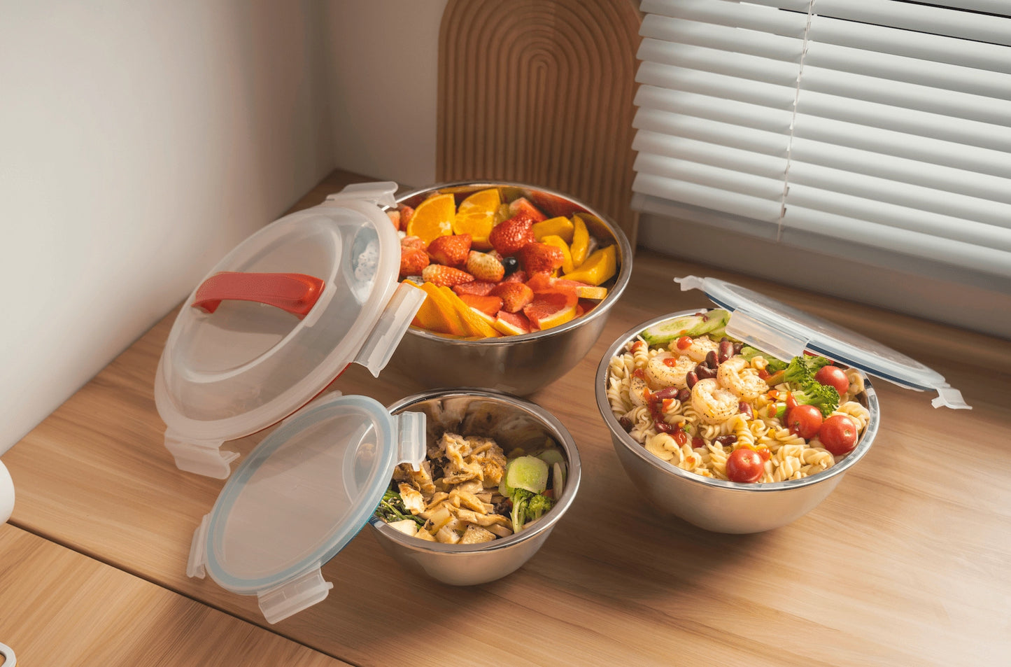 3pc Stainless Steel Nesting Mixing Bowl Set with Snap-On Lids & Carry Handle