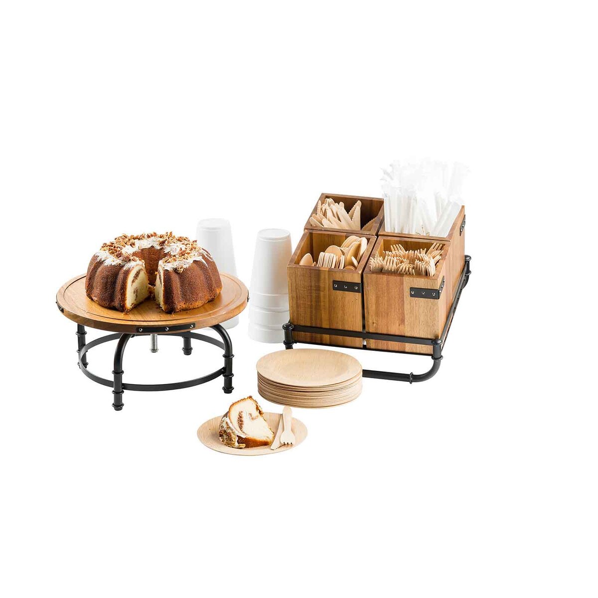 Industrial Collection™ Rotating Cake Stand, Acacia & Black Powder Coated Metal, 13" dia x 6"