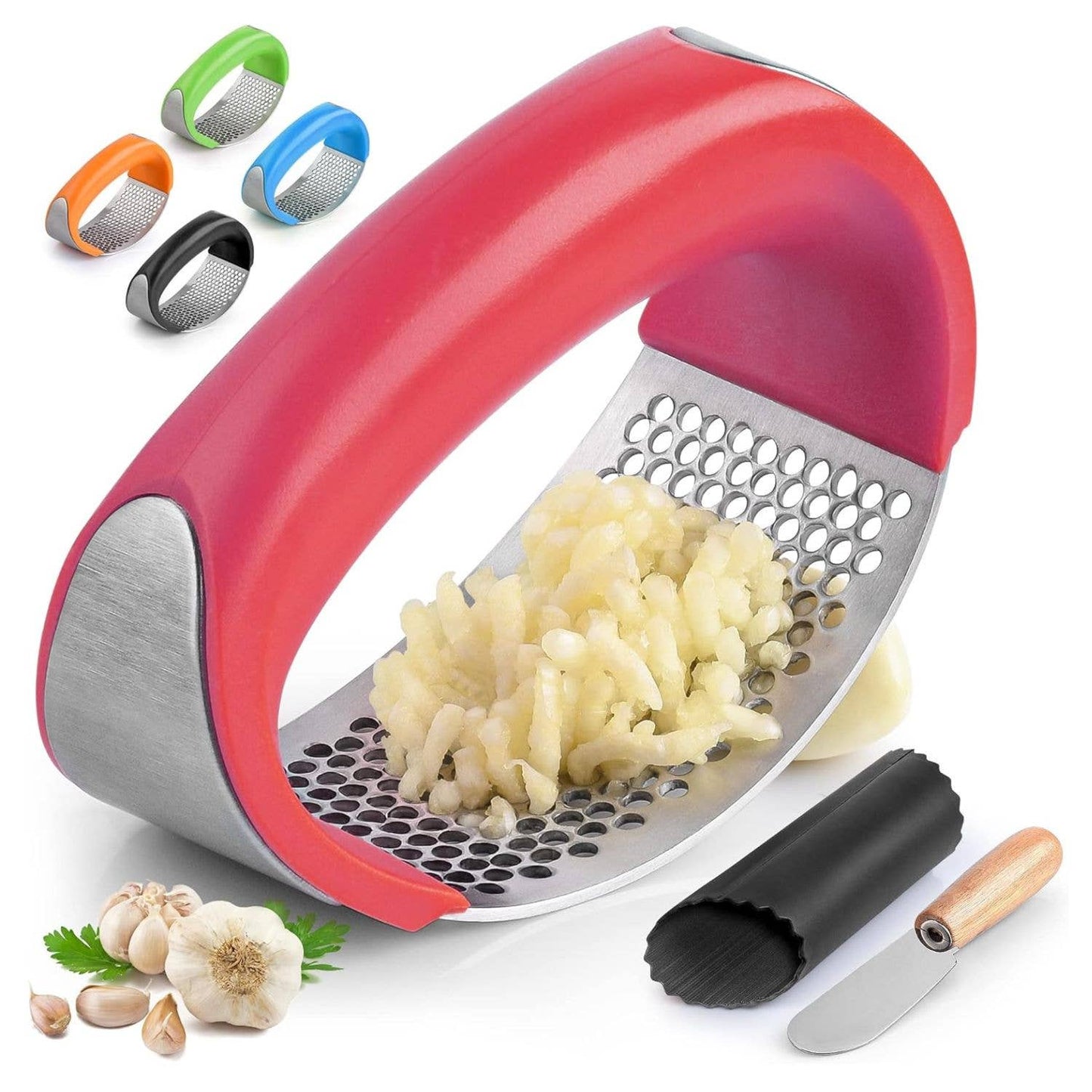 Garlic Press Rocker With Silicone Peeler & Scraper Set