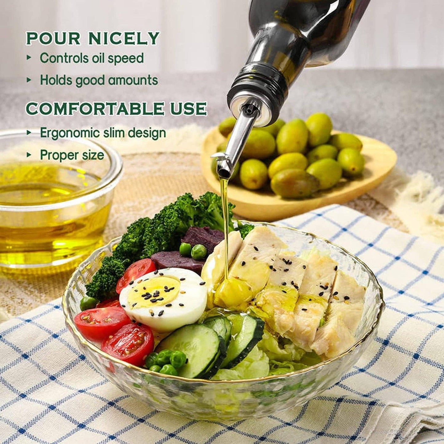 Glass Oil Dispenser - 17 oz/500ml Capacity - Oil and Vinegar Cruet Bottle with Pourers, Funnel, and Seal Caps - Elegant Decanter for Kitchen - Green