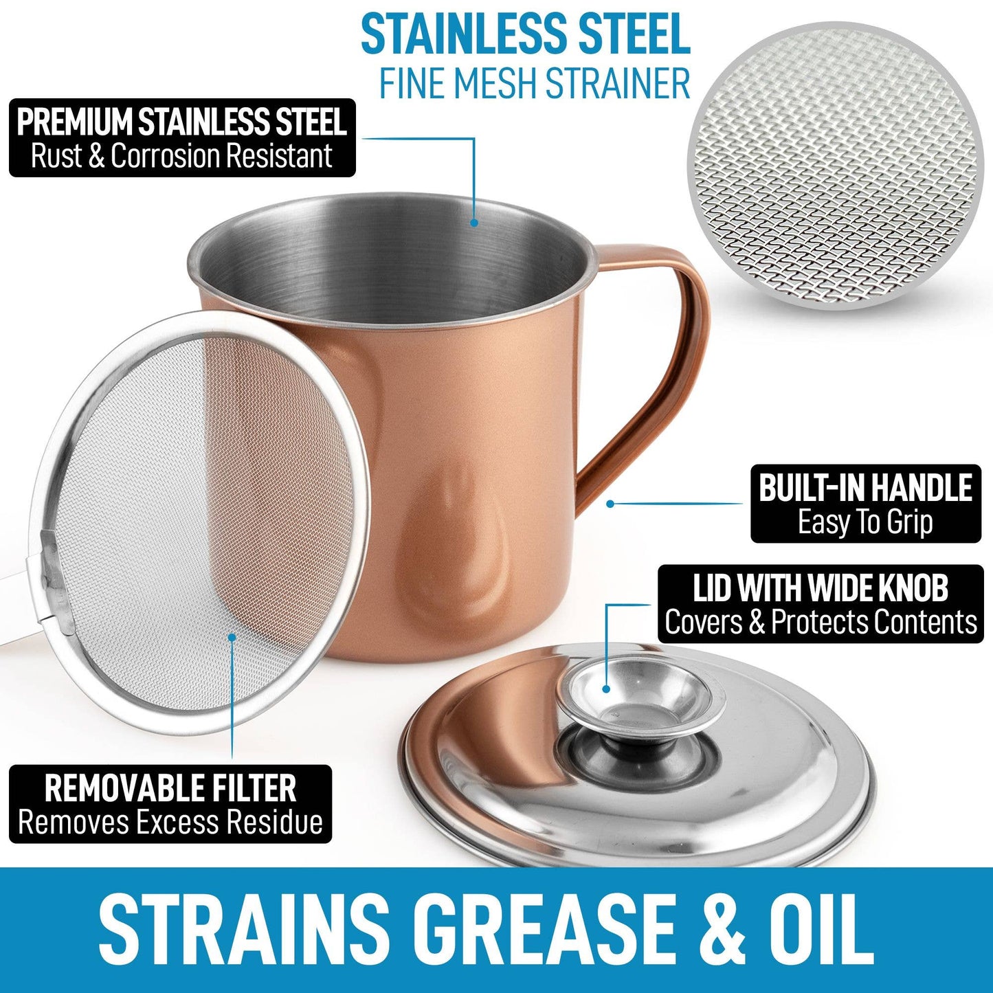 Bacon Grease Container With Strainer & Lid - 1 Liter