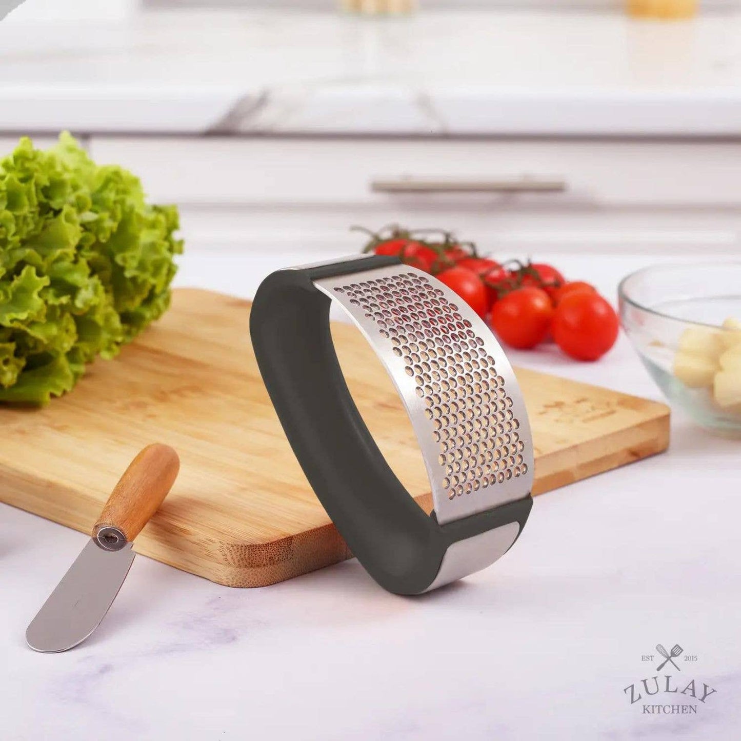 Garlic Press Rocker With Silicone Peeler & Scraper Set