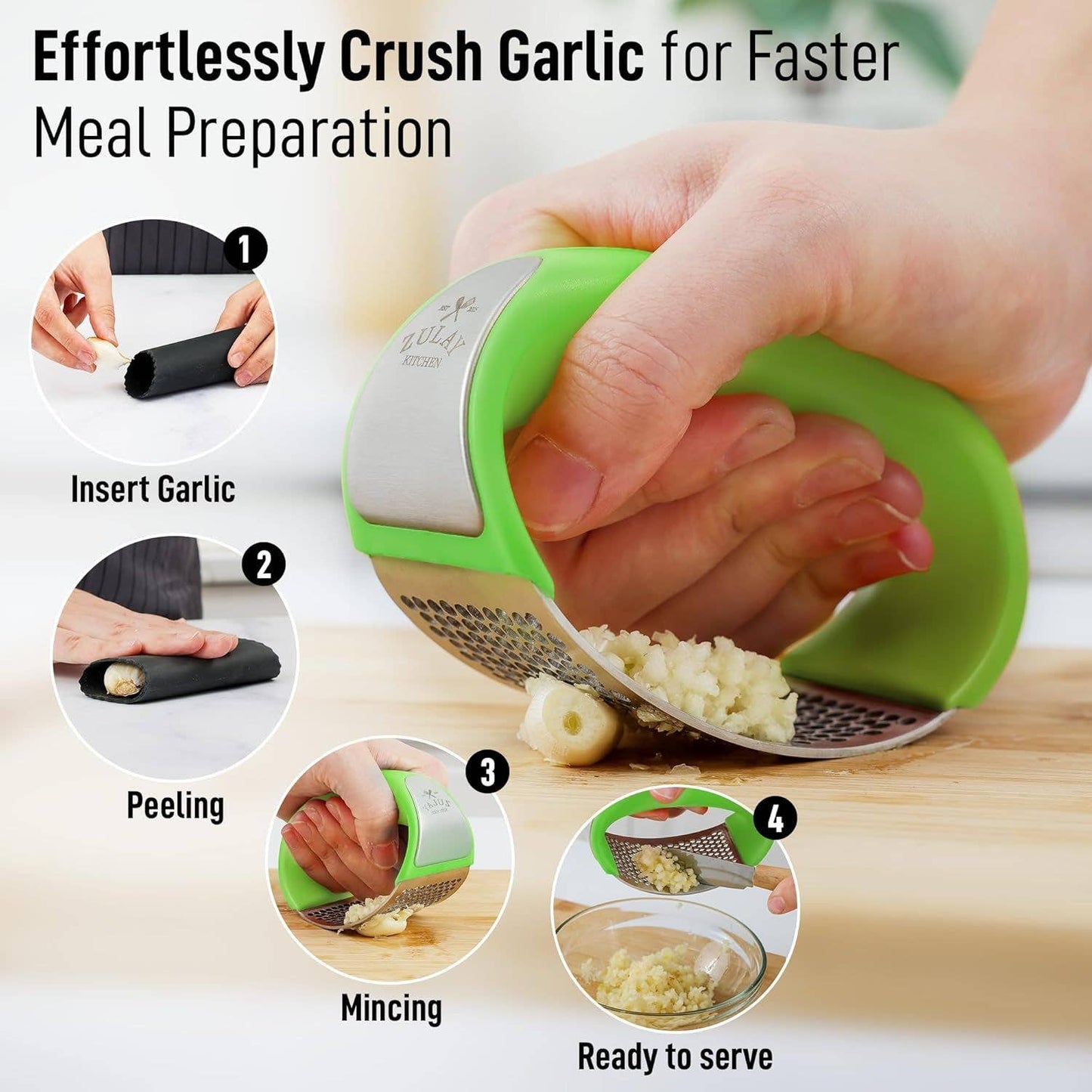 Garlic Press Rocker With Silicone Peeler & Scraper Set