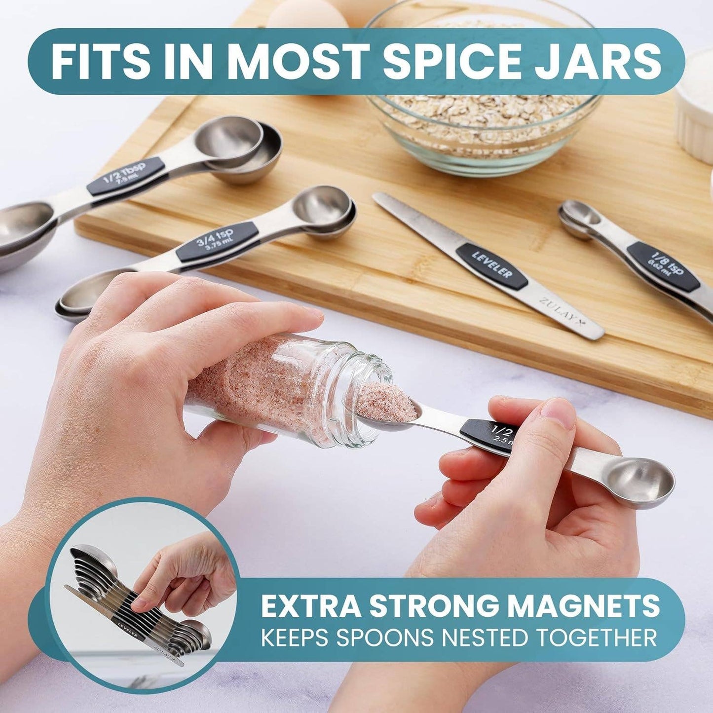 Stackable Magnetic Spoons Set of 8 - Stainless Steel