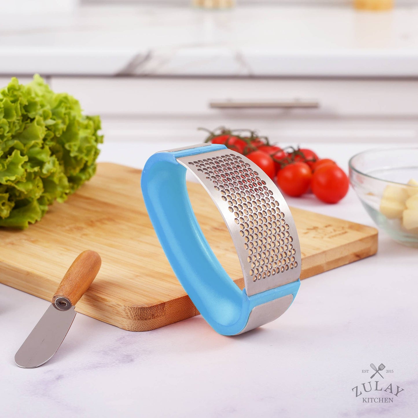 Garlic Press Rocker With Silicone Peeler & Scraper Set