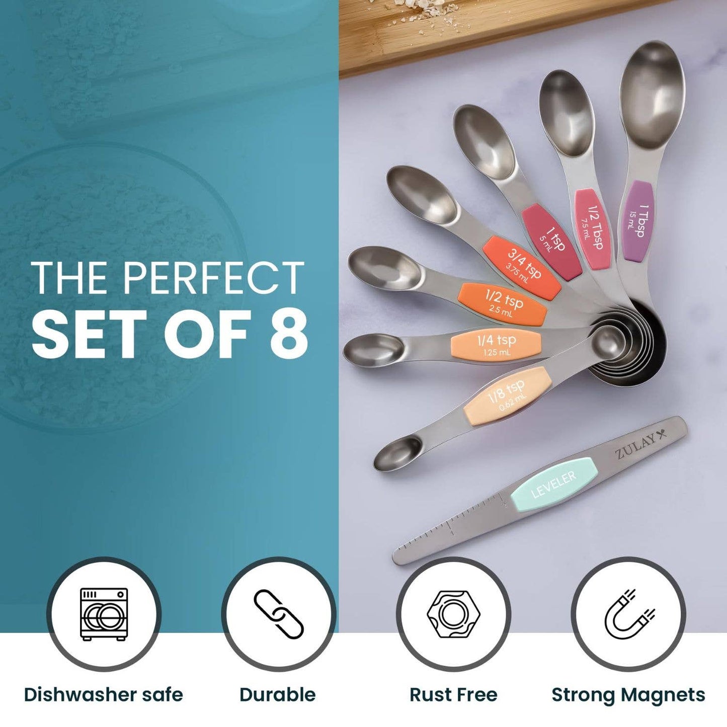 Stackable Magnetic Spoons Set of 8 - Stainless Steel