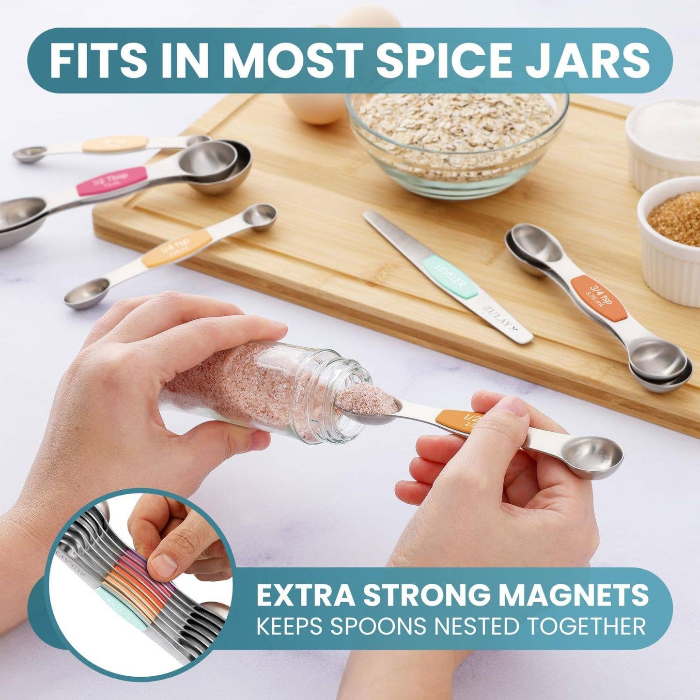 Stackable Magnetic Spoons Set of 8 - Stainless Steel