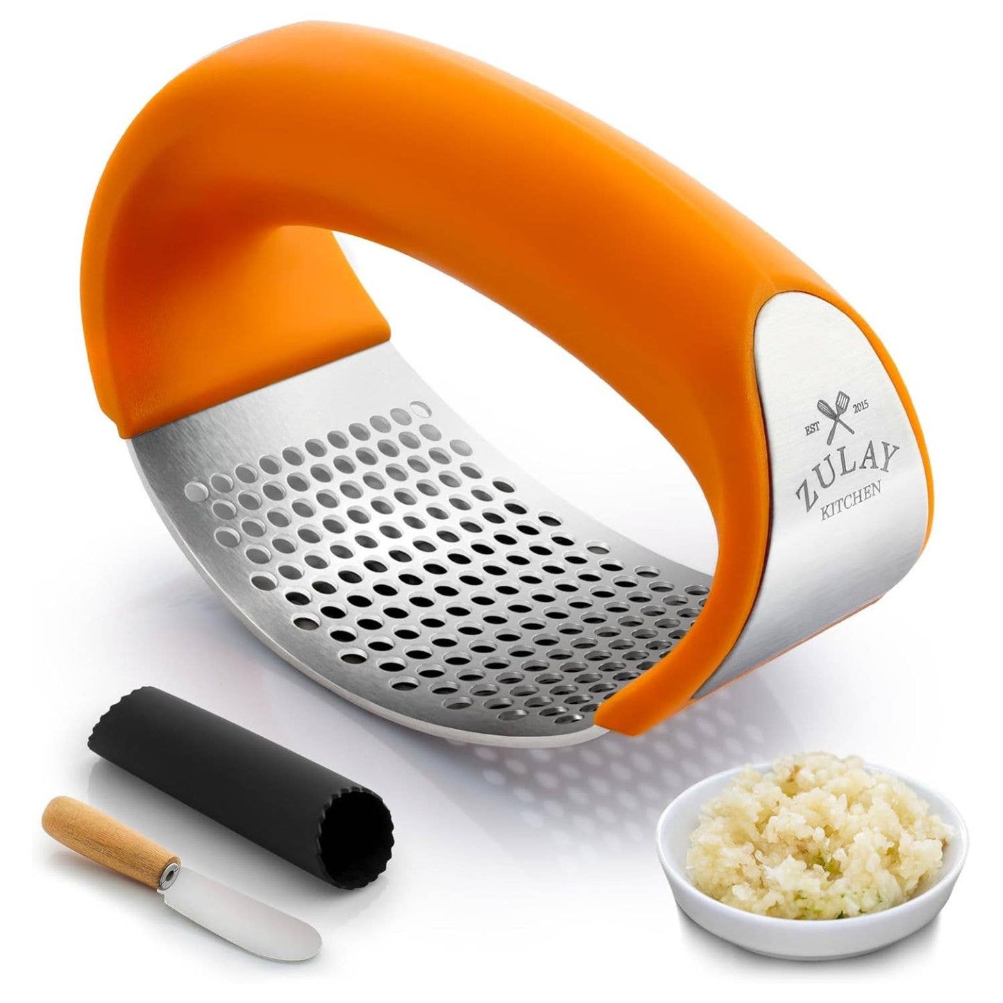 Garlic Press Rocker With Silicone Peeler & Scraper Set