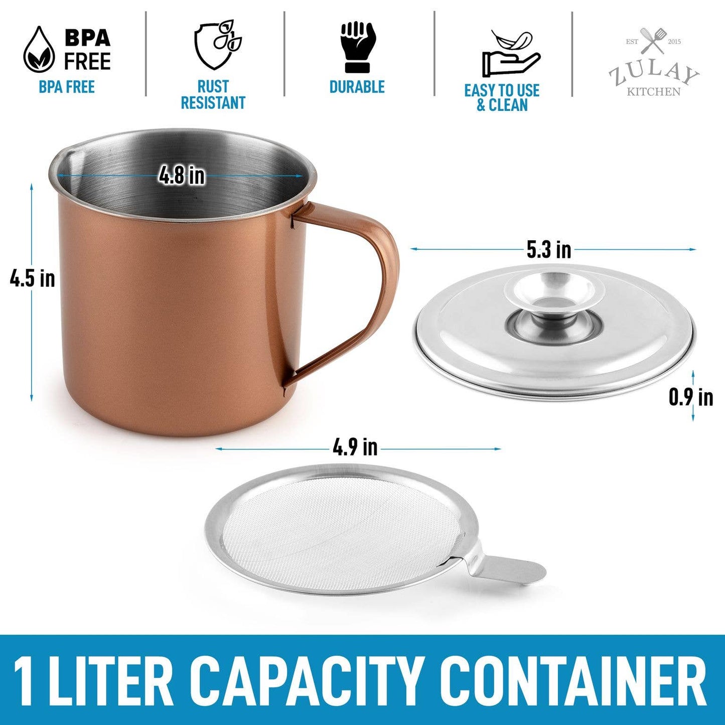 Bacon Grease Container With Strainer & Lid - 1 Liter