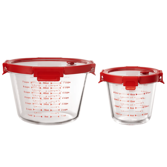 2pc Borosilicate Glass Measuring Cup Set with Secure Snap Lids