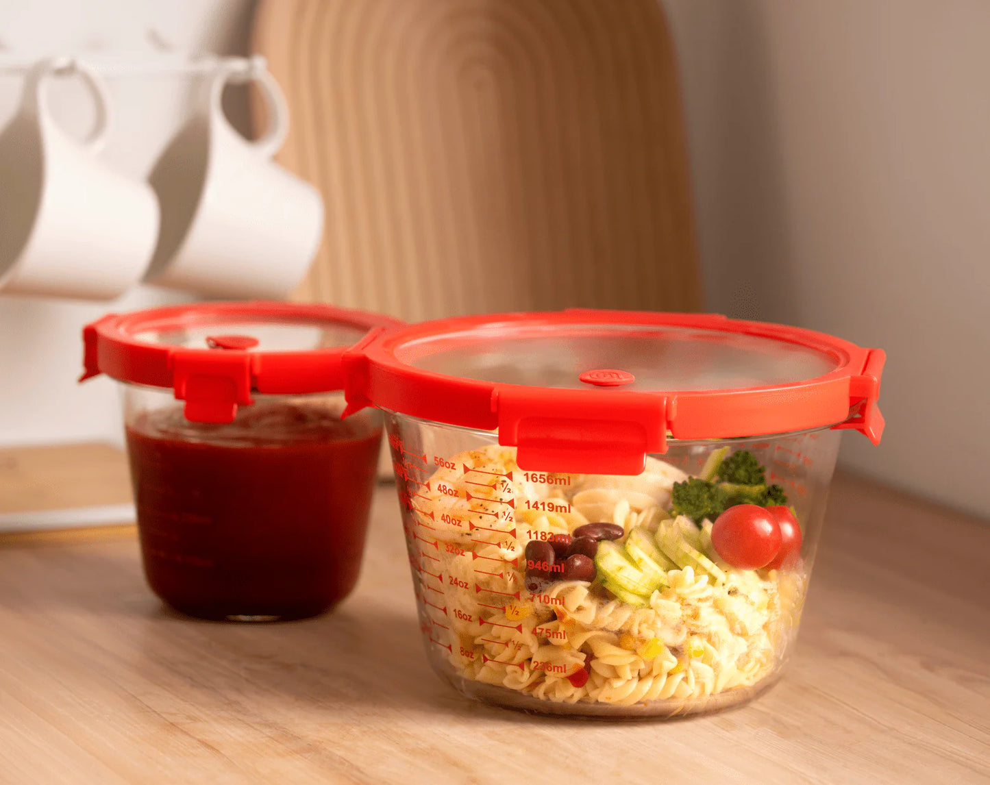 2pc Borosilicate Glass Measuring Cup Set with Secure Snap Lids