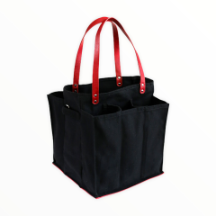 Market Tote - Black Canvas with Red Handles and Base (with polished silver hardware)