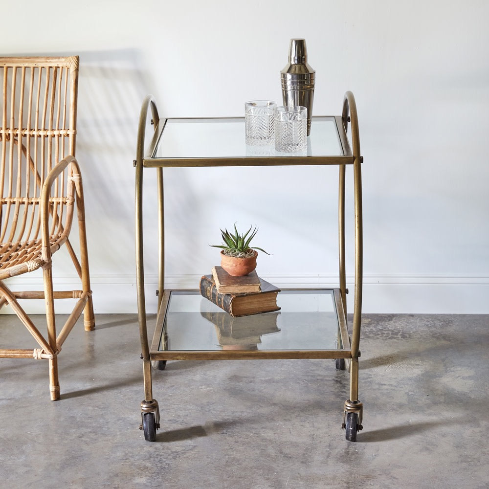 Round Antique Brass Bar Cart