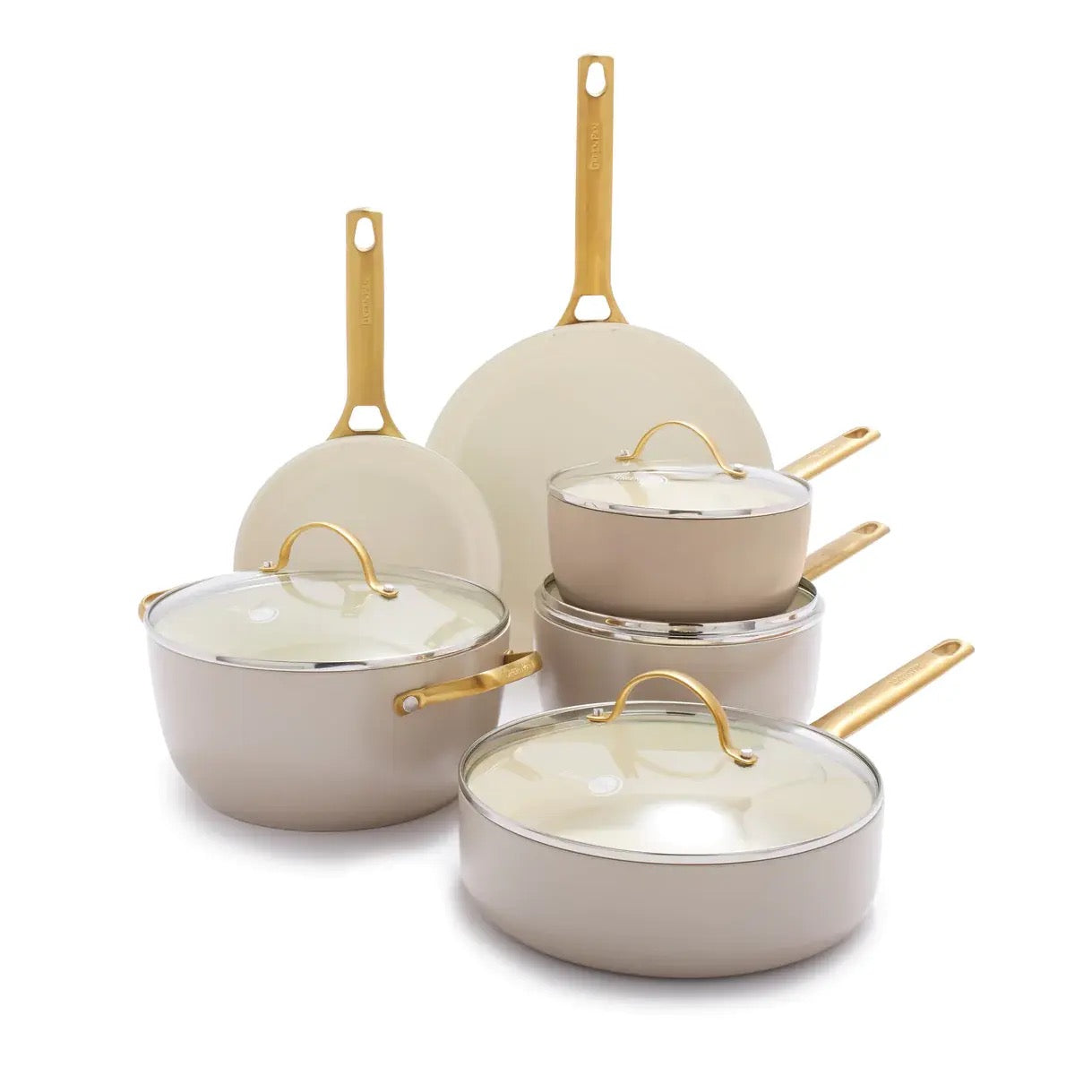 Reserve Ceramic Nonstick 10-Piece Cookware Set - Taupe with Gold-Tone Handles