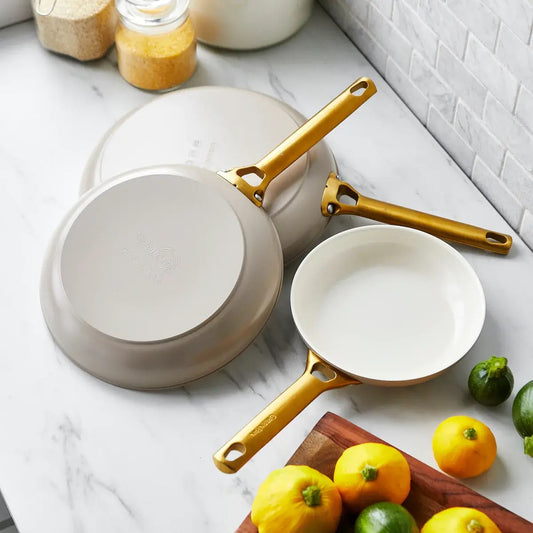 Reserve Ceramic Nonstick 8", 10", & 12" Frypan Set - Taupe with Gold-Tone Handles