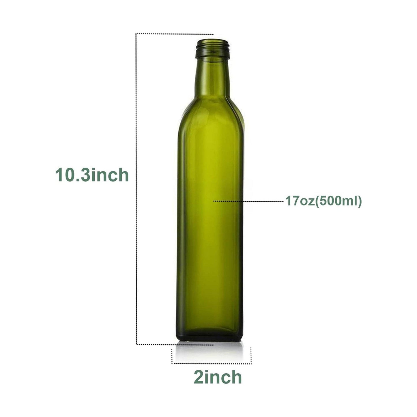 Glass Oil Dispenser - 17 oz/500ml Capacity - Oil and Vinegar Cruet Bottle with Pourers, Funnel, and Seal Caps - Elegant Decanter for Kitchen - Green