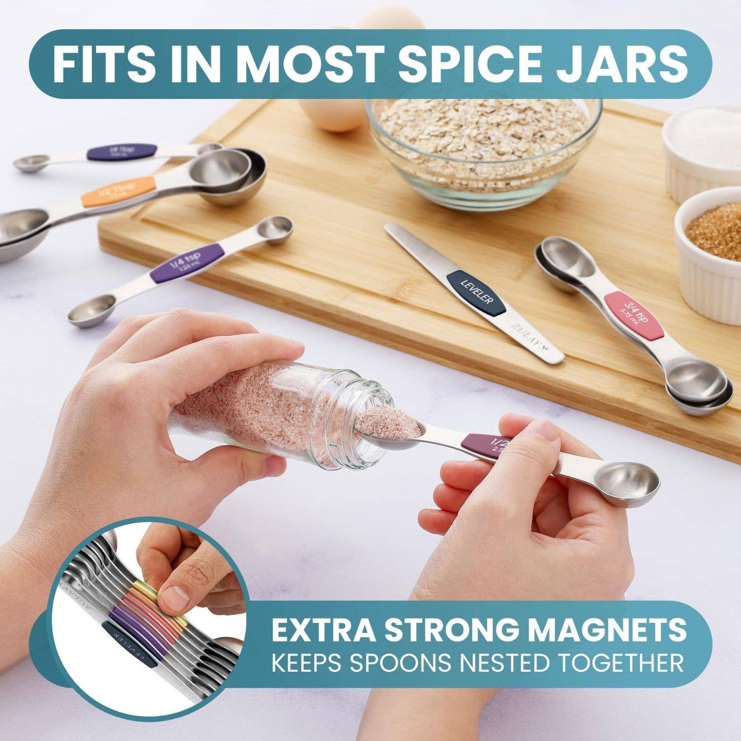 Stackable Magnetic Spoons Set of 8 - Stainless Steel