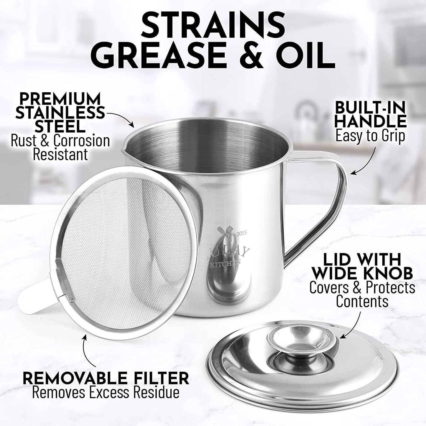 Bacon Grease Container With Strainer & Lid - 1 Liter