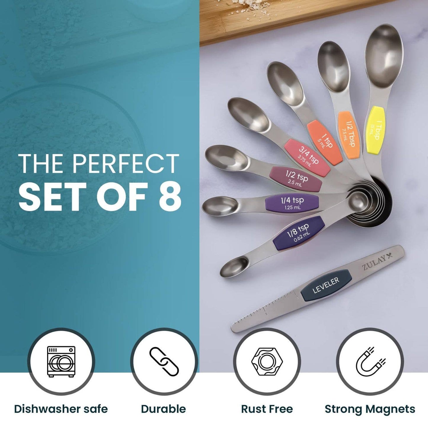 Stackable Magnetic Spoons Set of 8 - Stainless Steel