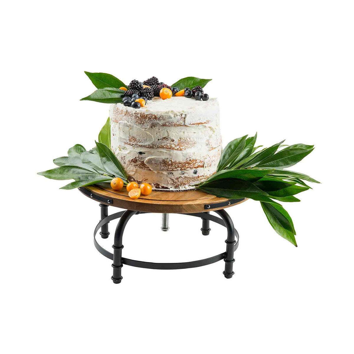 Industrial Collection™ Rotating Cake Stand, Acacia & Black Powder Coated Metal, 13" dia x 6"