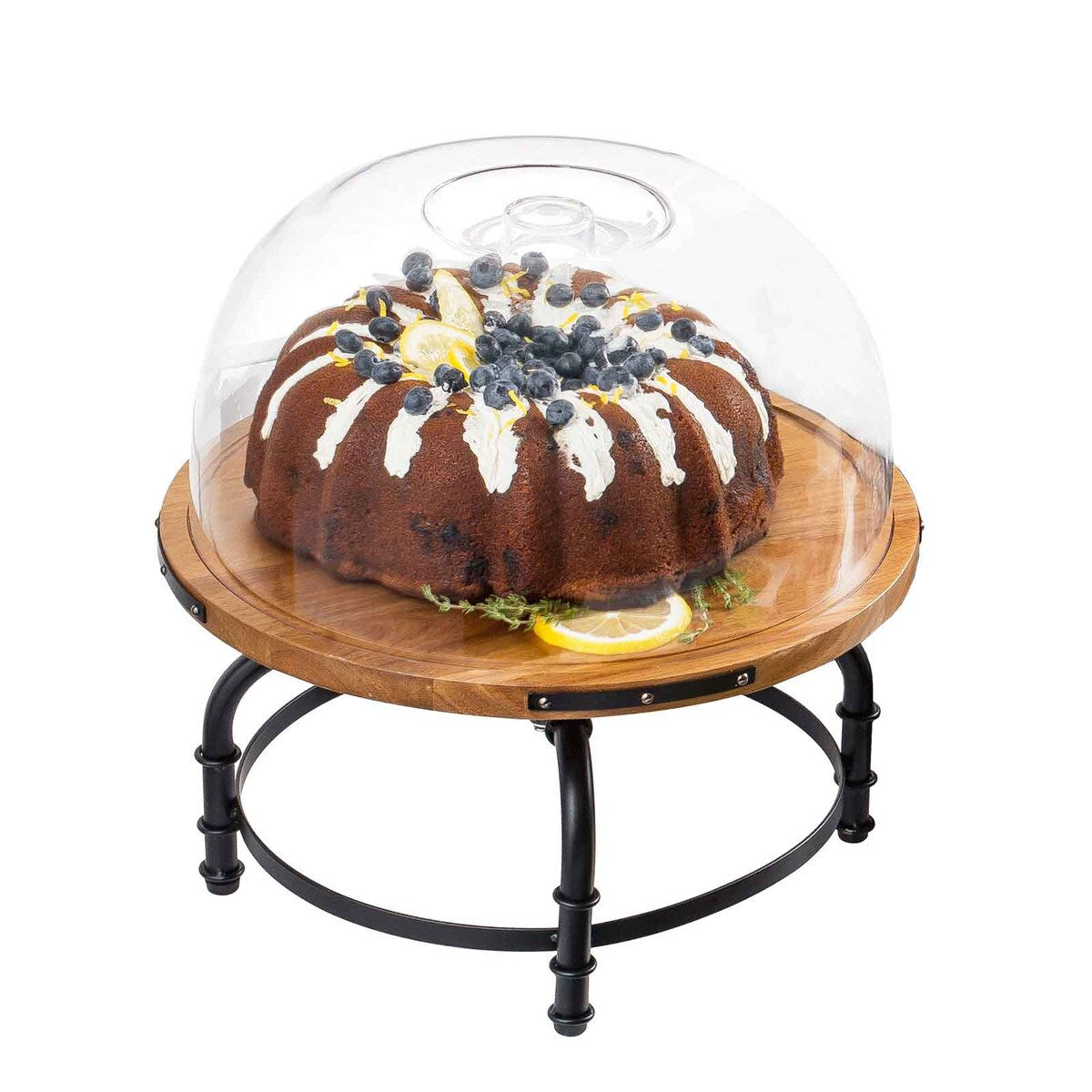 Industrial Collection™ Rotating Cake Stand, Acacia & Black Powder Coated Metal, 13" dia x 6"