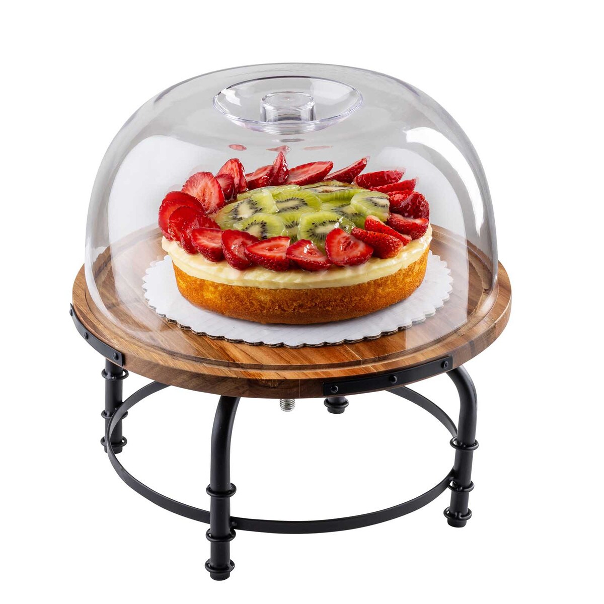 Industrial Collection™ Rotating Cake Stand, Acacia & Black Powder Coated Metal, 13" dia x 6"