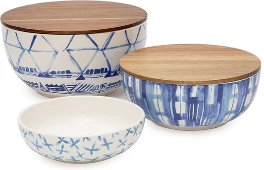 Indigo Ceramic Bowls w/Wood Lids 3