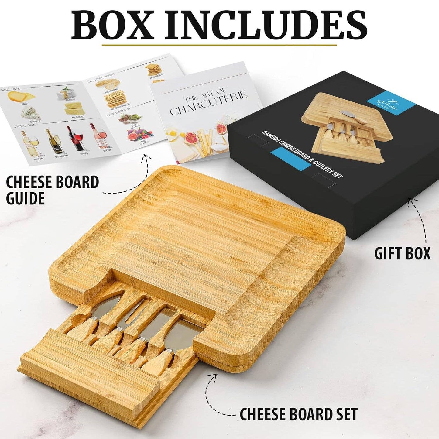 Cheese Board with Cutlery and Drawer, Light Bamboo