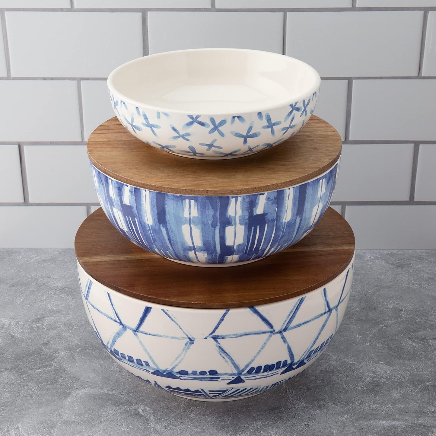 Indigo Ceramic Bowls w/Wood Lids 3