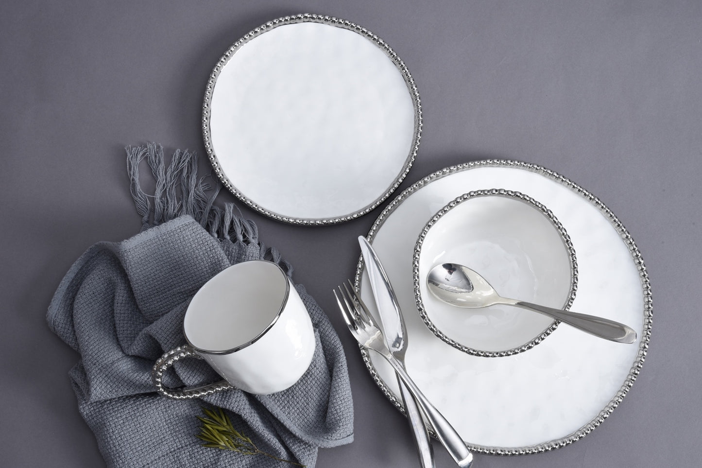 Round White Salad Plate with Silver Beaded Edge - Set the Table