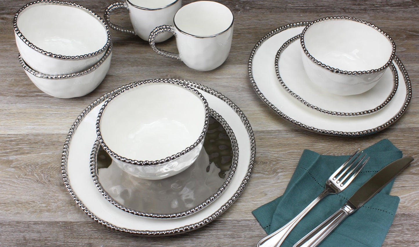 Round White Salad Plate with Silver Beaded Edge - Set the Table