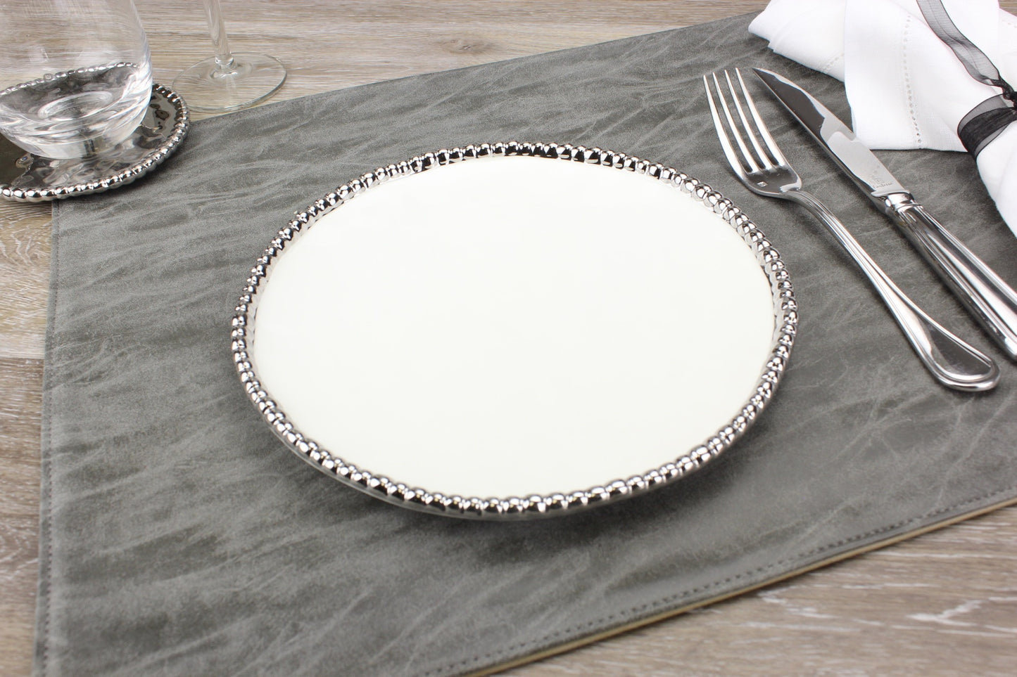 Round White Salad Plate with Silver Beaded Edge - Set the Table