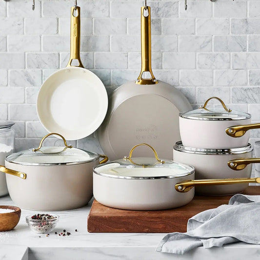 Reserve Ceramic Nonstick 10-Piece Cookware Set - Taupe with Gold-Tone Handles