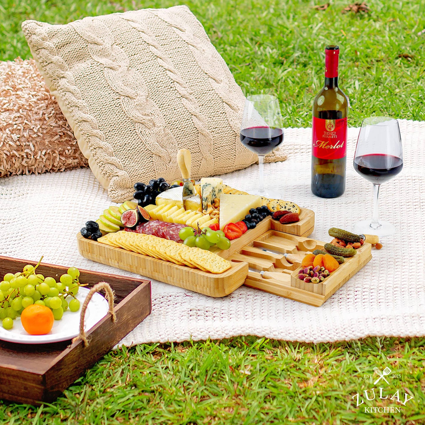 Cheese Board with Cutlery and Drawer, Light Bamboo