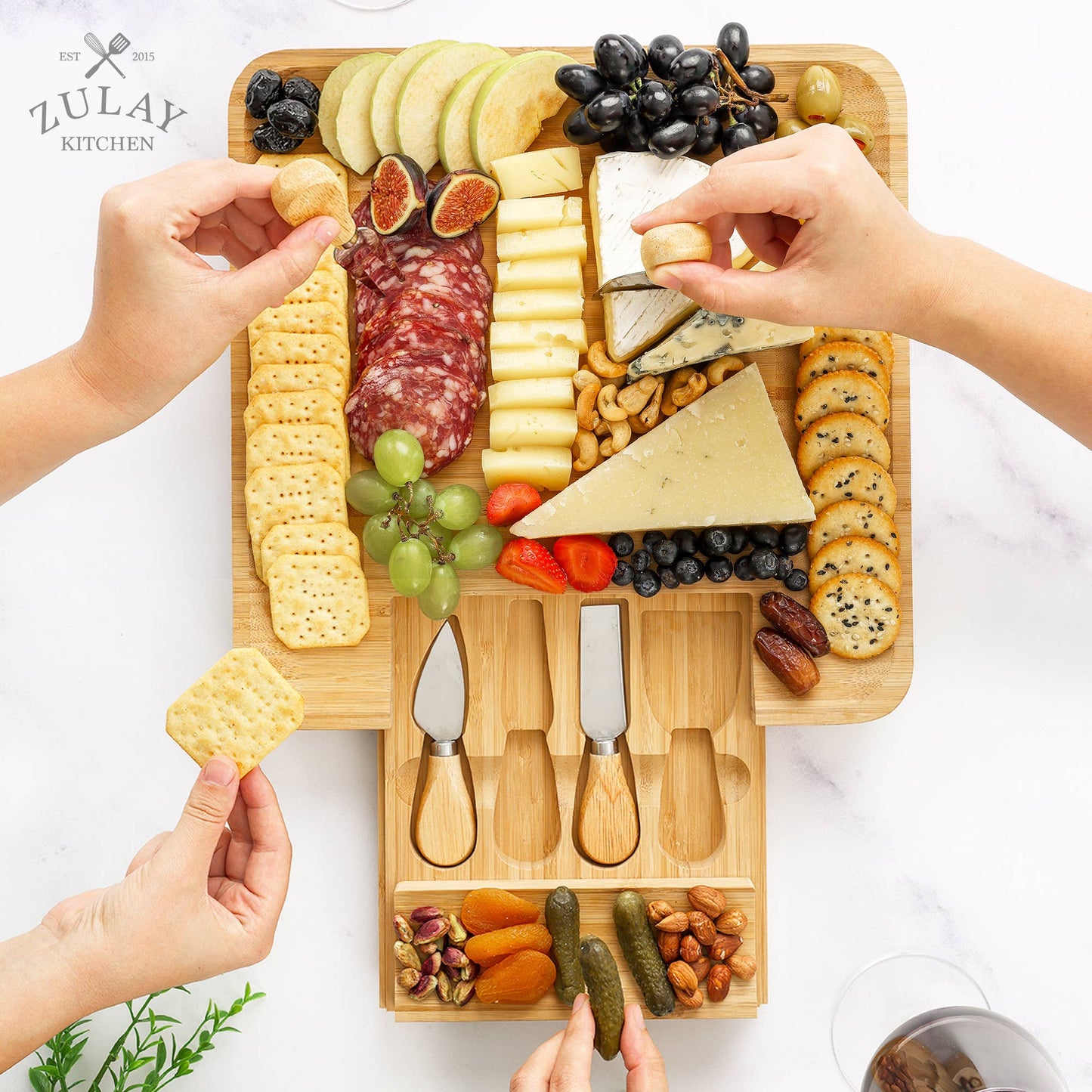 Cheese Board with Cutlery and Drawer, Light Bamboo