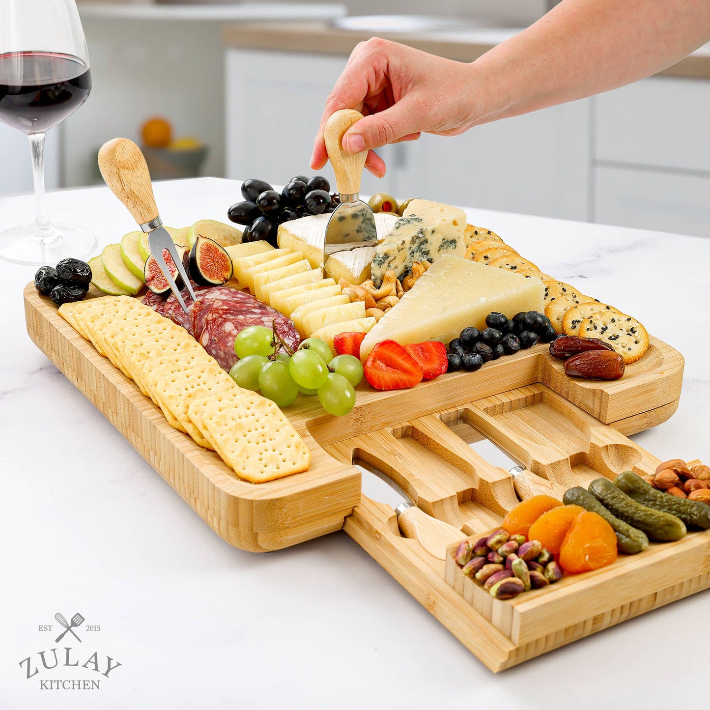 Cheese Board with Cutlery and Drawer, Light Bamboo